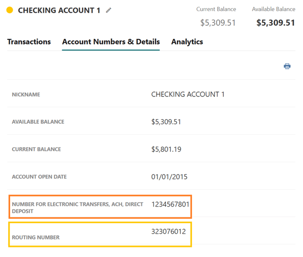 Screen from online banking showing where the ACH number lives