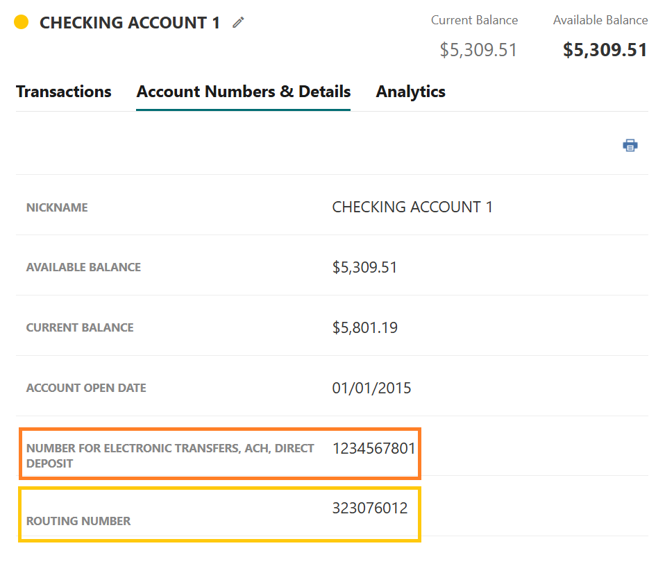 Screen from online banking showing where the ACH number lives