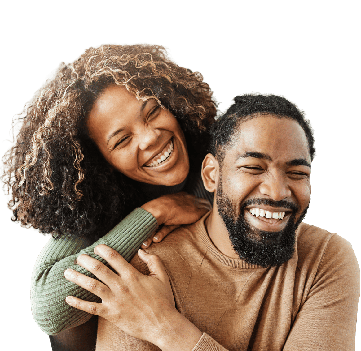 A man and woman smiling together. 