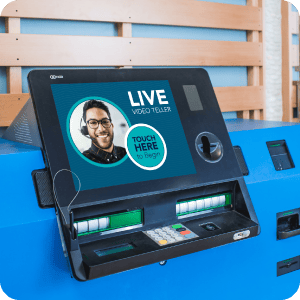 Video Teller platform with the screen on and the "Touch here to begin" button.