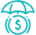 Teal icon of a dollar sign in a circle protected by an umbrella from the rain.