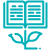 Teal icon of an open book with a flower growing from it.