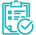 Teal icon of a clipboard with tasks on it and a check mark.
