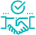 Teal icon of a handshake with a check mark above it.