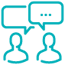 Animation of two outlined people with a chat bar above them.