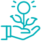 Teal icon of a hand holding a bright flower.